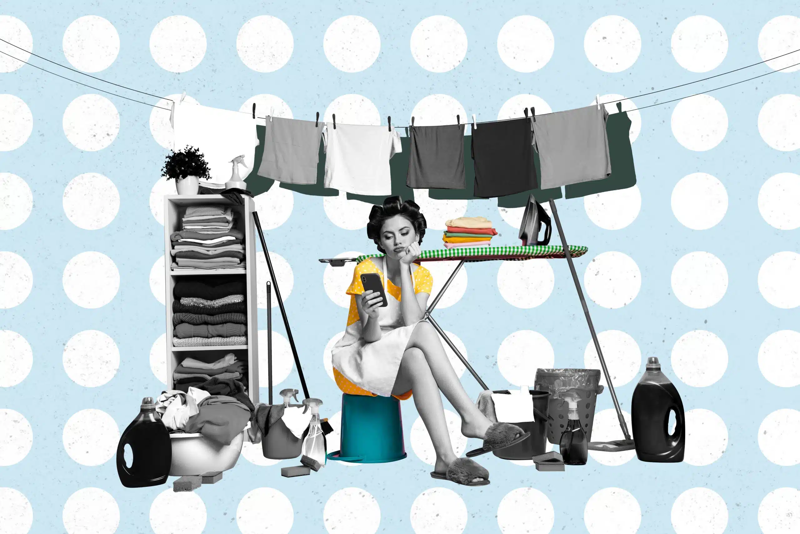 Creative,Collage,Picture,Young,Housewife,Bored,Sit,Browse,Smartphone,Digital